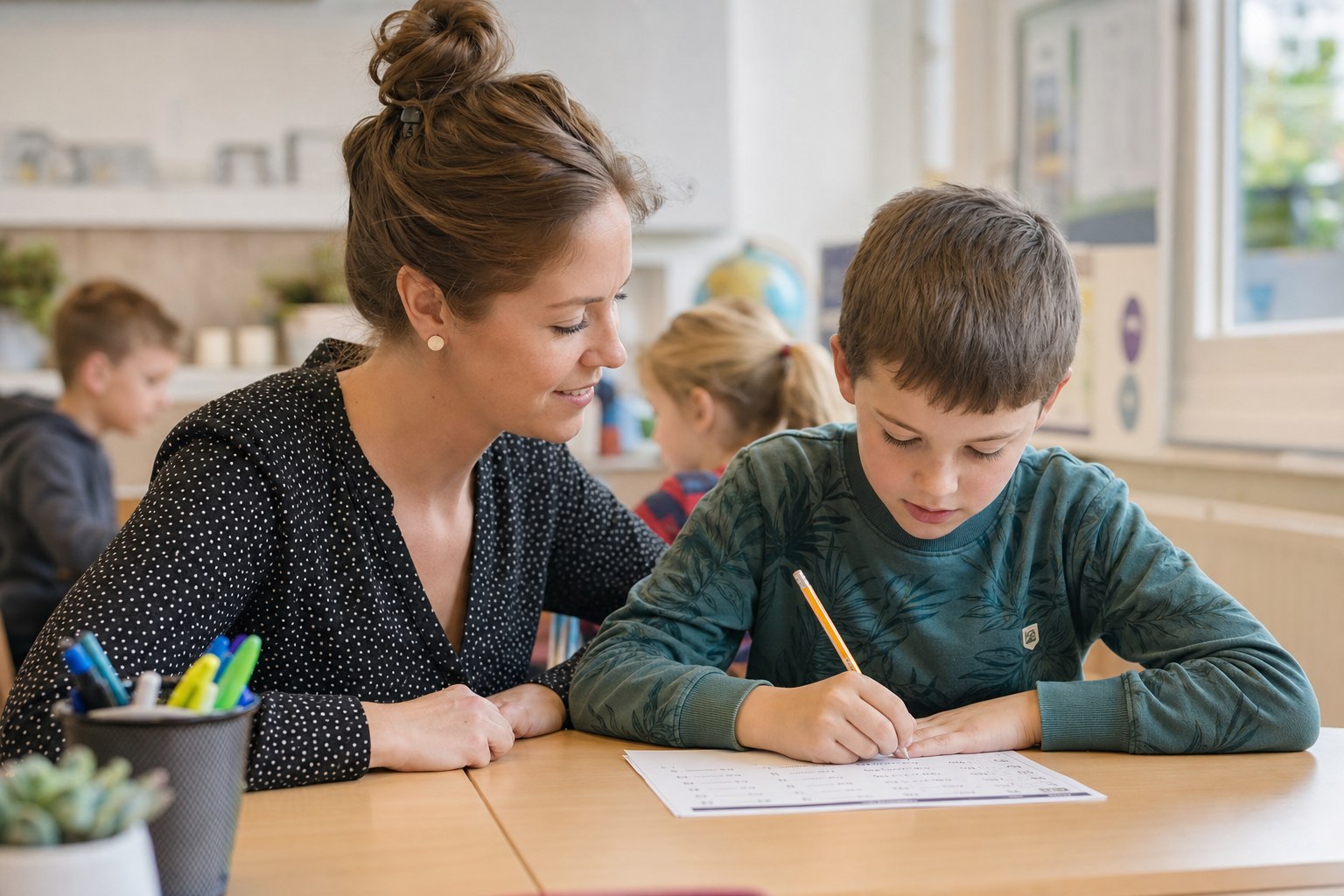 Basisschoolleerling krijgt individuele begeleiding bij rekenen op papier