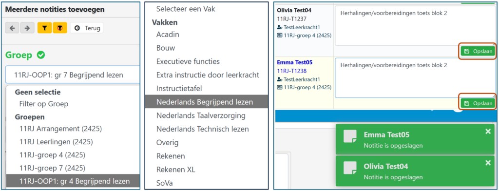 Schermafbeelding: groep en vak kiezen, notitie invoeren en opslaan