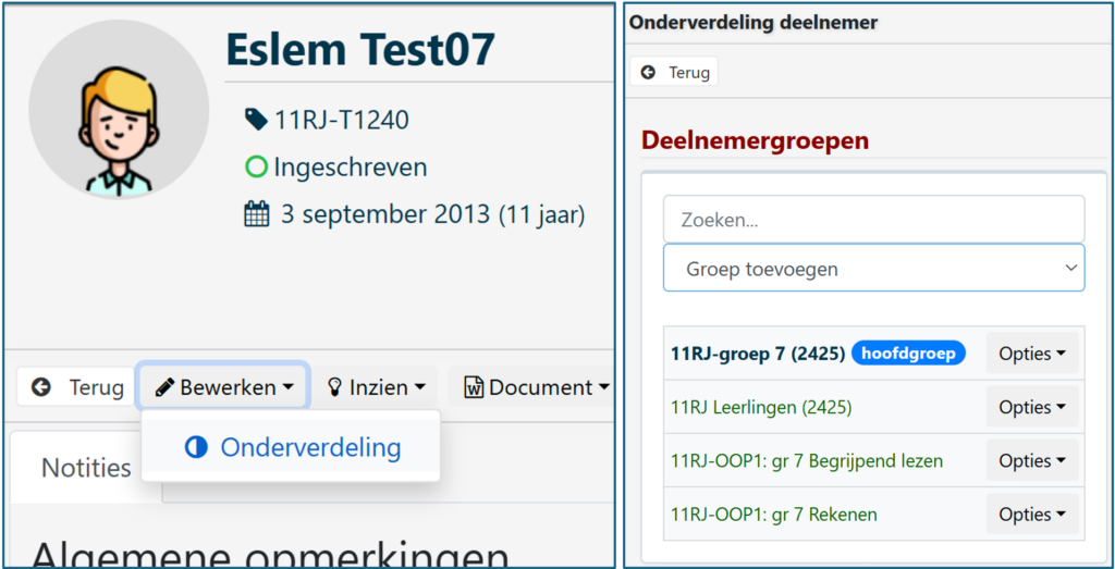 Schermafbeelding: leerlingen (ont)koppelen bij een groep