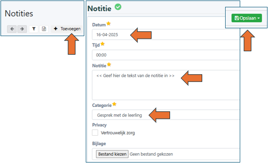 Schermafbeelding: notitie toevoegen bij een deelnemer